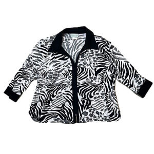 VINTAGE Bantry Bay By Tina Camato Black White Grey Animal Print Zip Up Blouse 3W